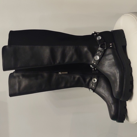 Karl Lagerfeld Milla Black Knee High Rhinestone Equestrian Buckle New Lug Boots - Picture 6 of 10